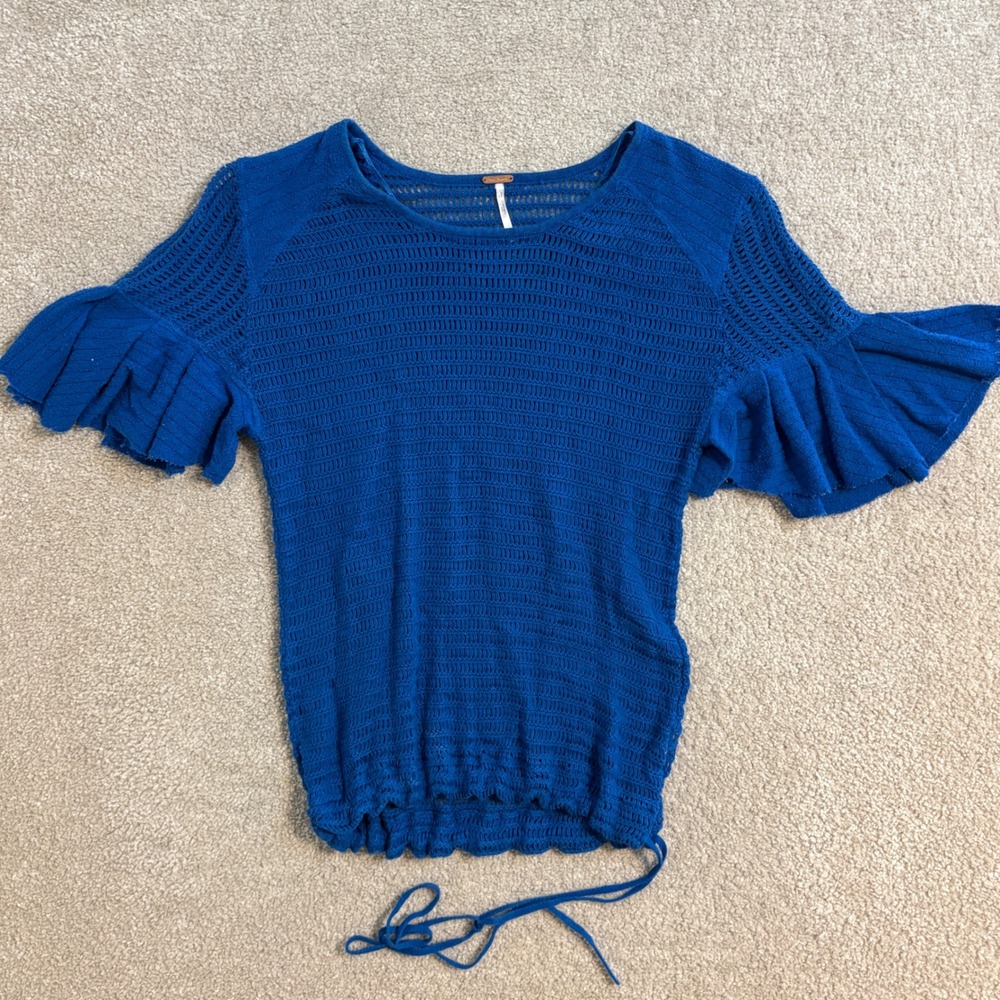 Free People Knit Women Top‎ Ruffle Sleeve Drawstring Blue Size S
